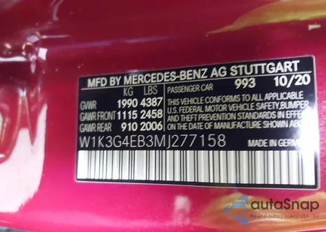 2021 Mercedes-Benz A 220 z USA, uszkodzony, nr VIN W1K3G4EB3MJ277158